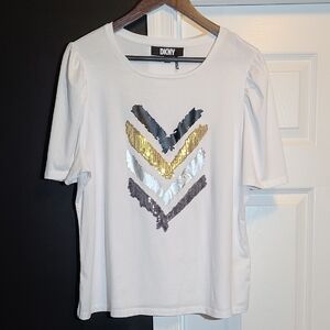 DKNY White Top with Sequin Chevron Design, XL